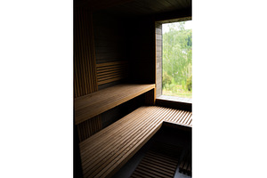 Modern wooden sauna interior with, a Health & Medical Photo by volodymyrshtun13795