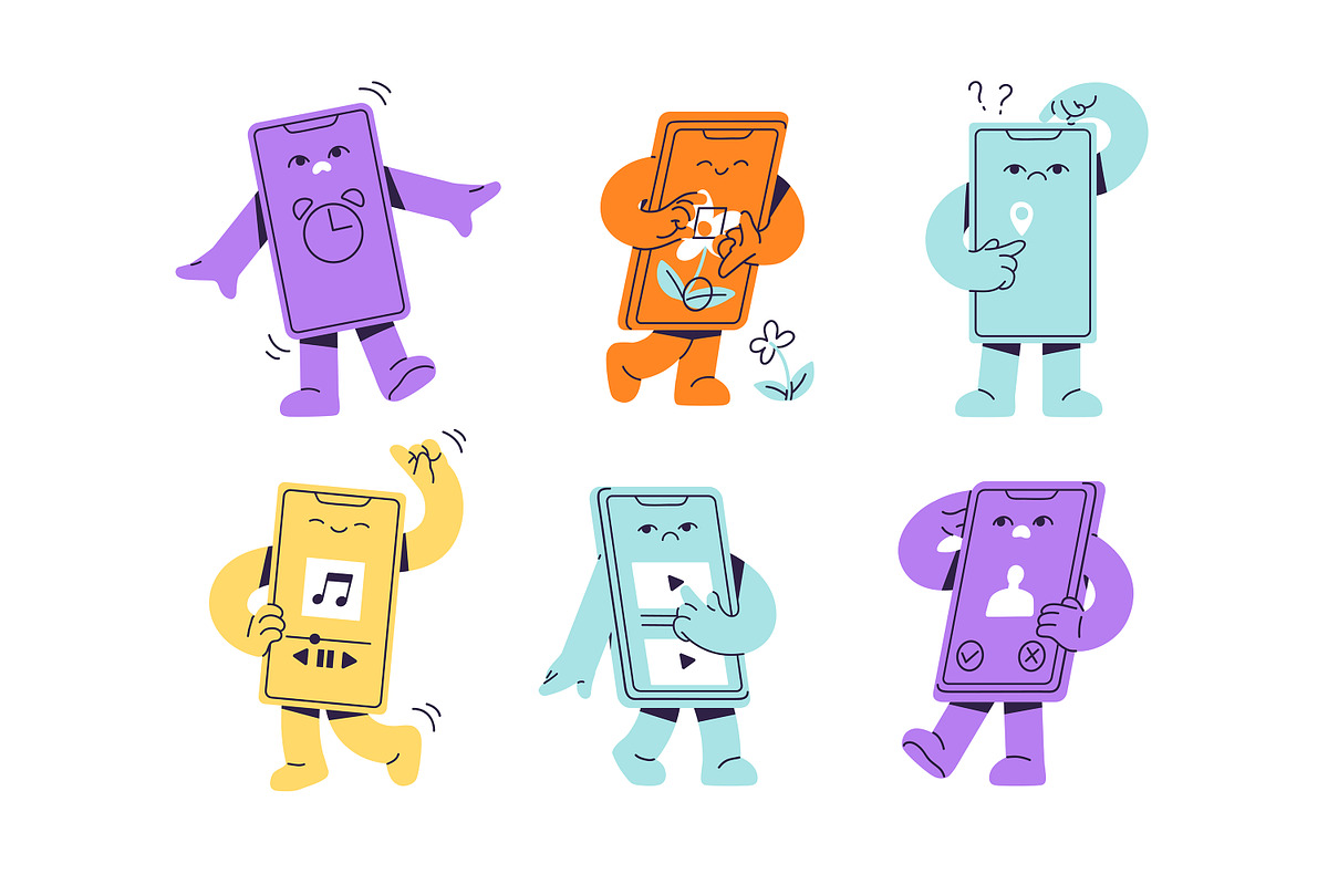Cute smartphone mascots set, a Technology Illustration by PaperTrident (Photo 4 of 6)