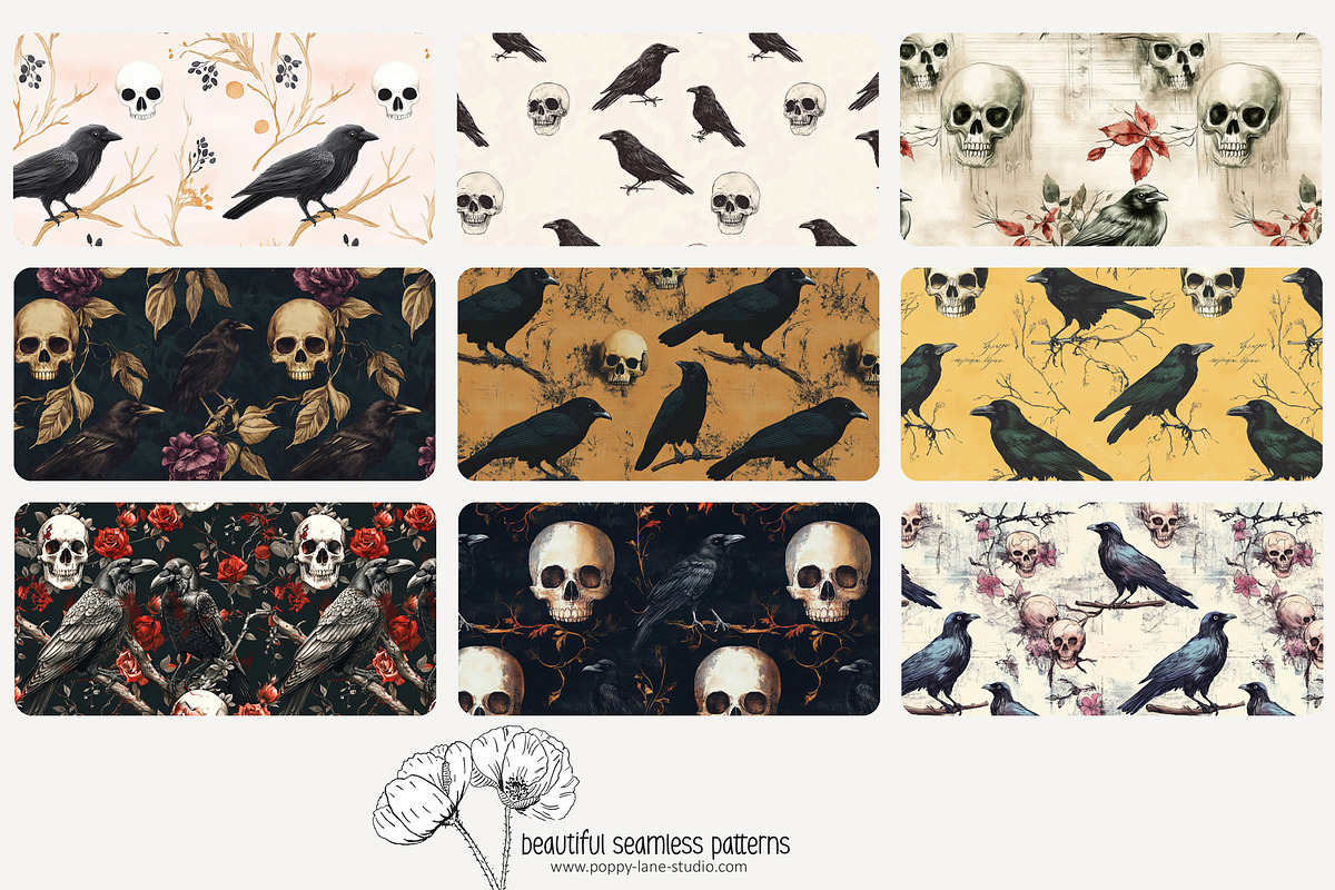70 crows & skulls seamless pattern, a Pattern Graphic by Poppy Lane Studio (Photo 4 of 10)