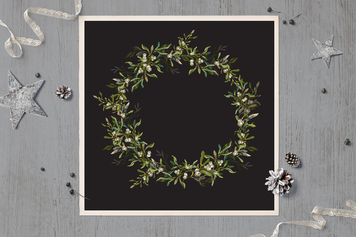Vintage Mistletoe Christmas Clip Art, a Decorative Illustration by Elena Paletskaya (Photo 2 of 2)