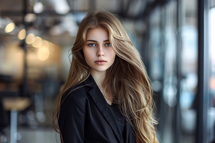 Young business woman in business suit standing on blurred office background, a Person Photo by AlyaAnd