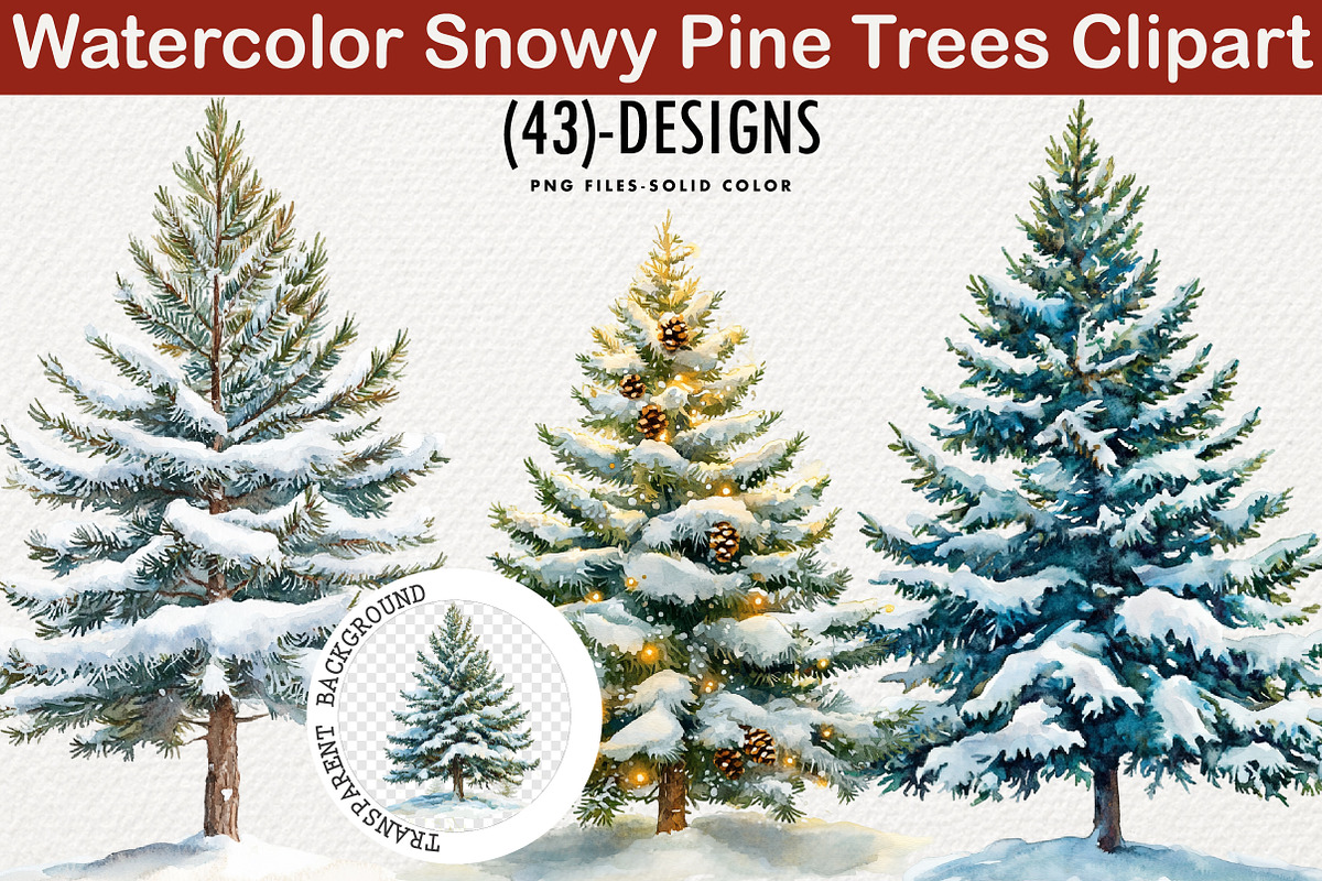 Watercolor Snowy Pine Trees Clipart, a Transportation Illustration by Digital Artistic99 (Photo 1 of 7)