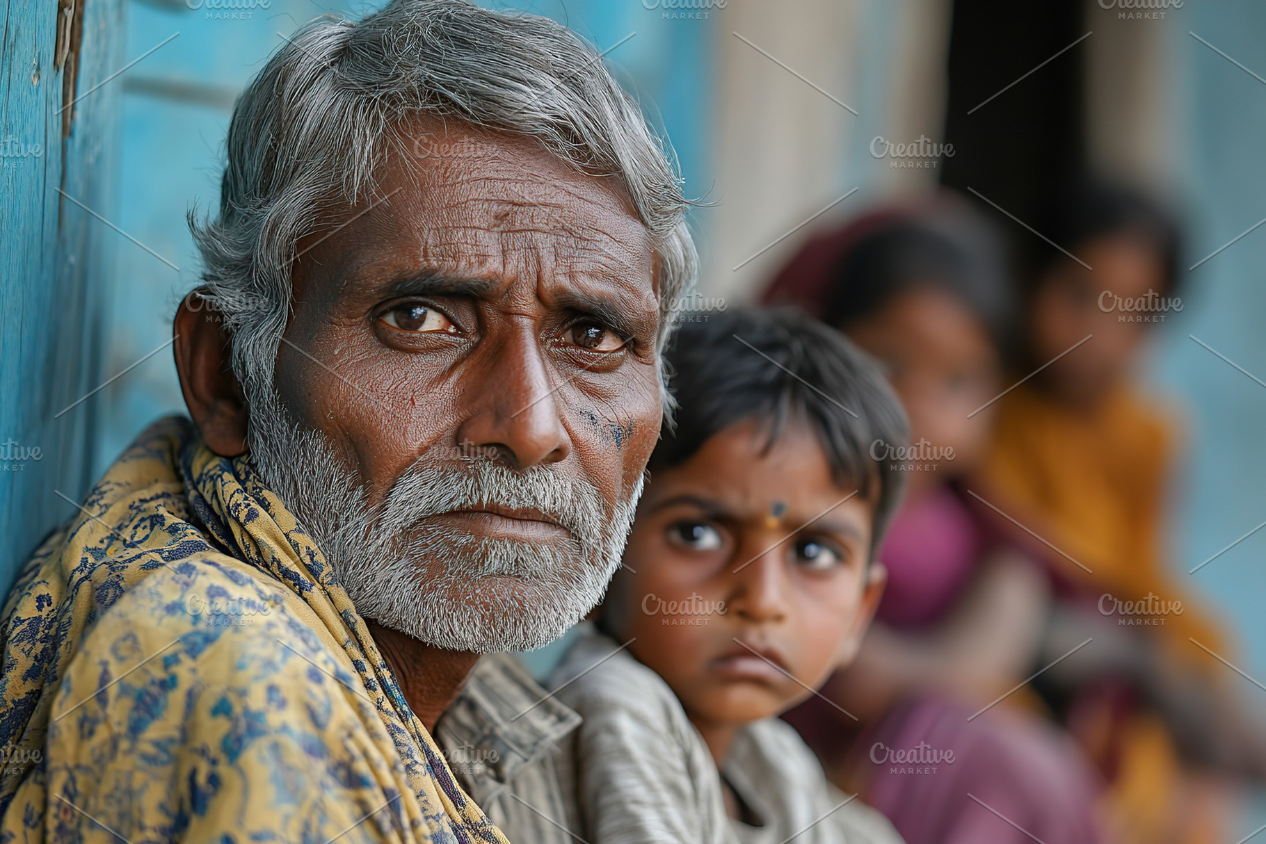 Portrait of a poor Indian family showing resilience and hardship in a rural set, a Person Photo by AlyaAnd