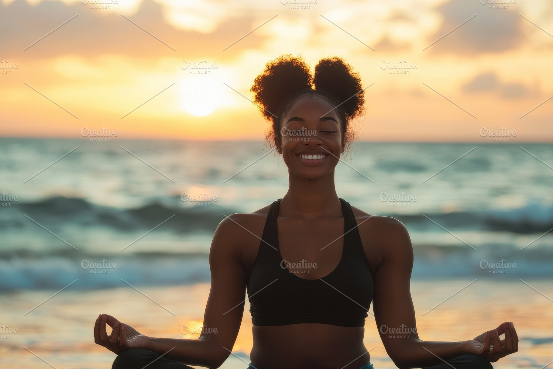 Black woman meditates happily, a Photo by Pavel_design