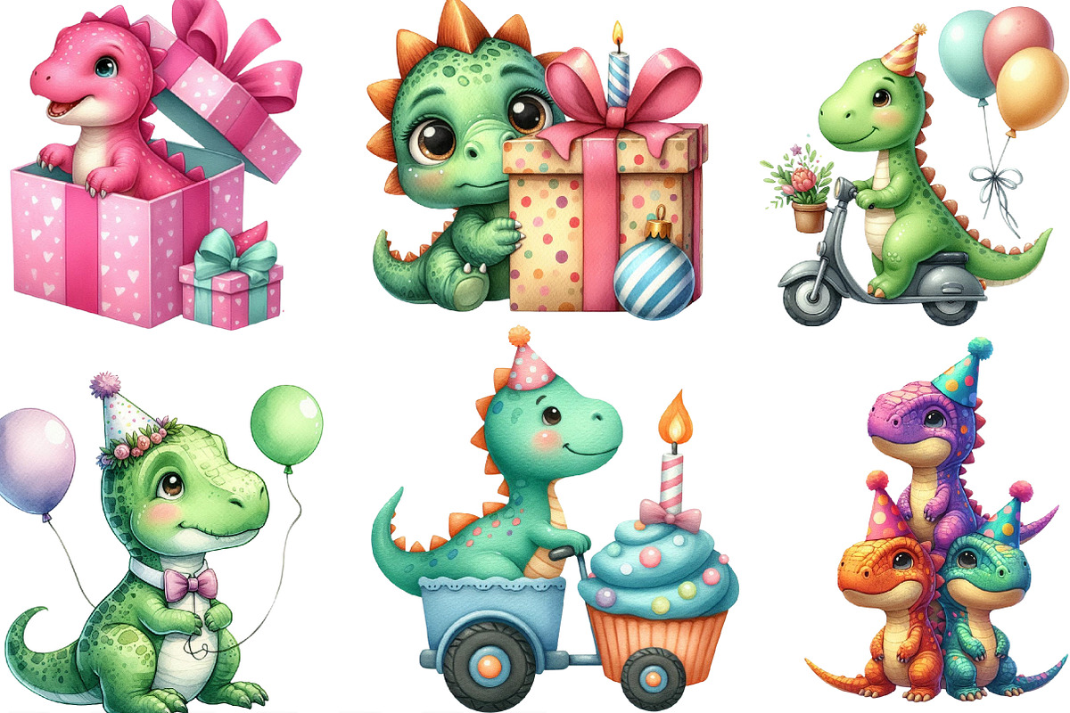 Cute Birthday Dinosaurs Clipart, an Illustration by Designking (Photo 3 of 4)