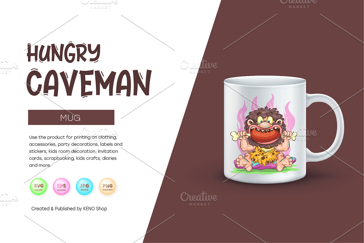 Cartoon Hungry Сaveman. Tshirt, PNG., a Person Illustration by KENO Mascots (Photo 2 of 7)