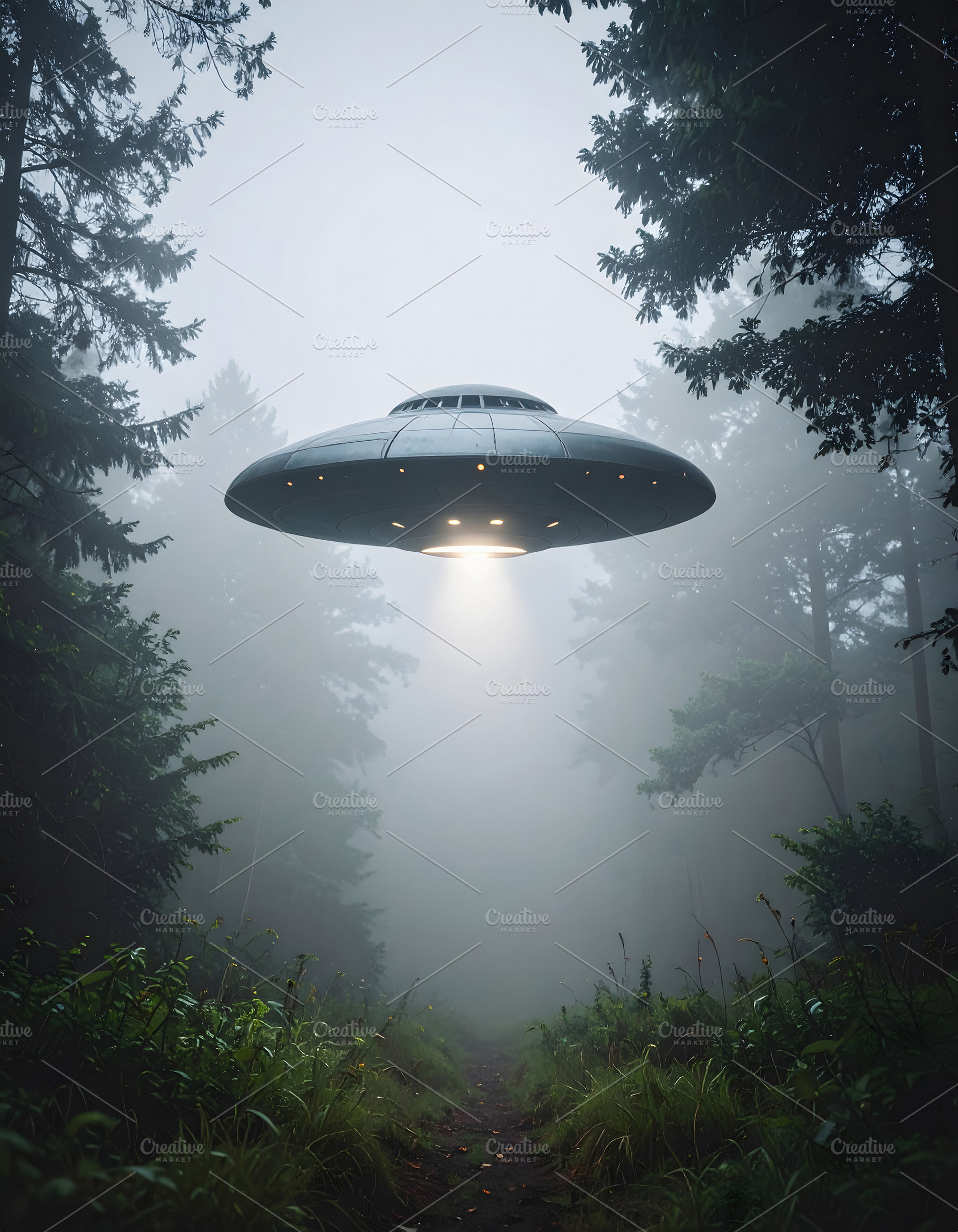 Mysterious UFO hovering above foggy forest with bright light, a Technology Photo by GoodGoods