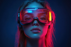 Woman wearing futuristic goggles wit, a Photo by Tanuart