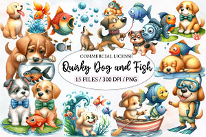 Quirky Dog and Fish Clipart, an Illustration by Designworld