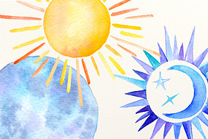 Watercolor Sun, Moon And Stars