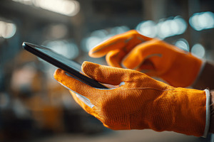 A focused male worker in an orange safety glove uses a tablet in an industrial, a Business Photo by ImageMir