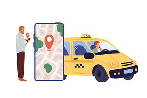 Man hails taxi using mobile app, a Transportation Illustration by Vectorbuum