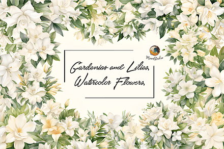 Gardenias and Lilies Watercolor, a Graphic by Moon Studio