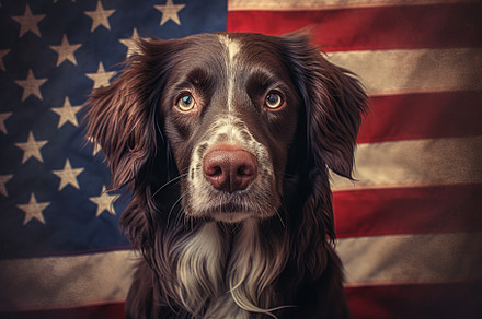 Beautiful dog with american flag on background. Generative AI, an Animal Photo by AlyaAnd
