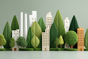 Eco business concept with sustainable green city of wooden buildings and large, a Photo by AS photostudio