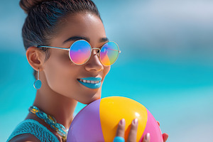 Young woman enjoying beach activities with colorful ball and sunglasses on sunn, a Person Photo by AlyaAnd