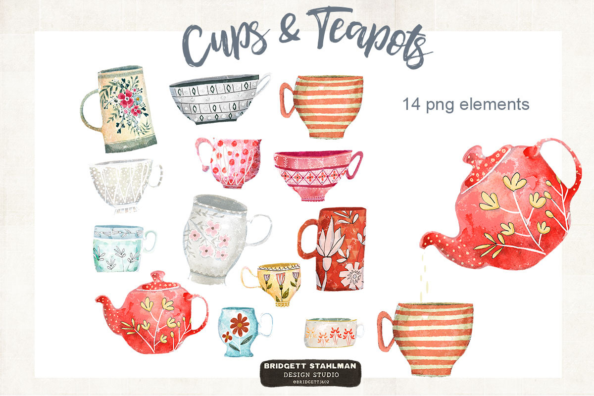 Watercolor Cups Mugs & Teapot, a Graphic by Bridgett Stahlman Design (Photo 2 of 6)