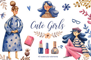 Cute Girls - Watercolor Clip Art Set
