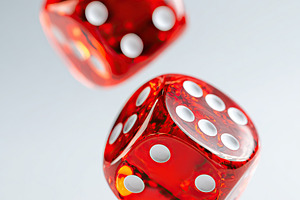 Red dice with white dots floating gracefully in mid-air against a smooth backgr, a Sports & Recreation Photo by AlyaAnd