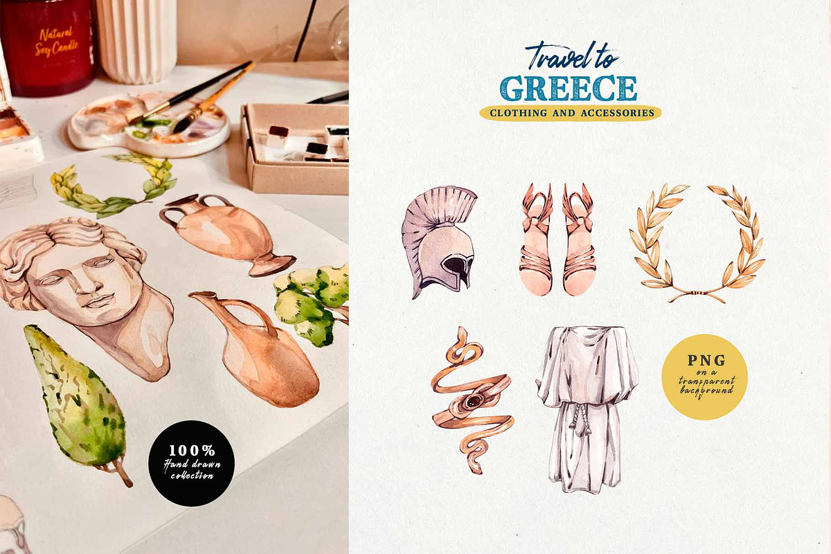 Watercolor Greece. Clipart set, an Object Illustration by VerAna (Photo 4 of 13)