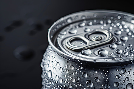 Blank aluminum can with water drops on black background, a Food & Drink Photo by AlyaAnd