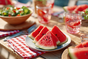 Fresh watermelon wedges on a picnic table for a summer gathering with friends, a Food & Drink Photo by AlyaAnd