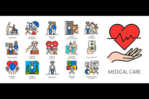 Elderly care service line icons, a Healthcare Illustration by Vector Tradition