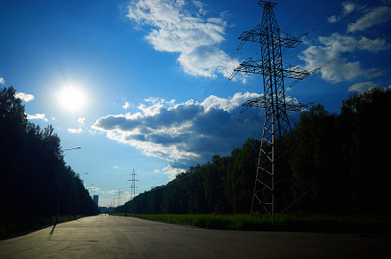 Right aligned power line on road landscape backdrop, an Industrial Photo by RETROWAVE '88