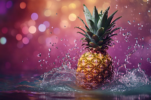 Fresh pineapple falling in transparent water, a Food & Drink Photo by AlyaAnd