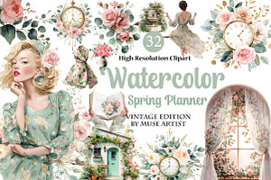 Watercolor Spring Planner Clipart, an Illustration by DreamArtGraphic