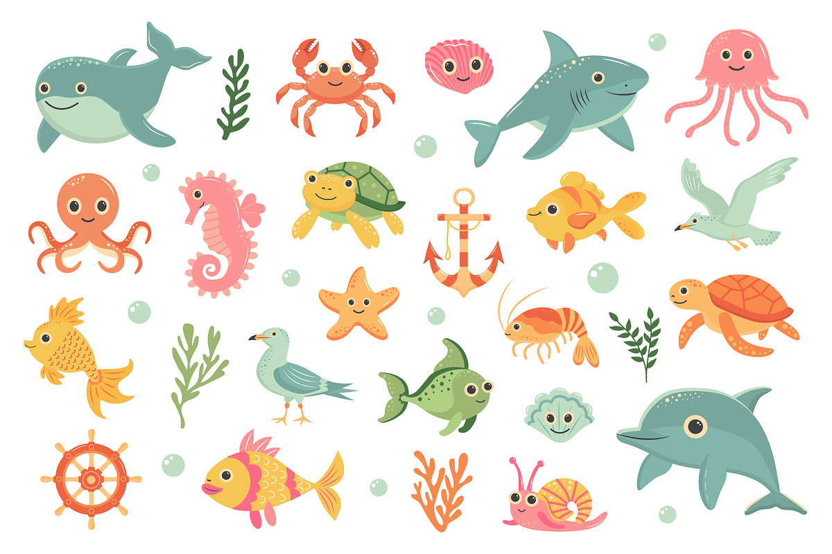 Cute sea animals set, an Animal Illustration by JulyGart (Photo 2 of 6)