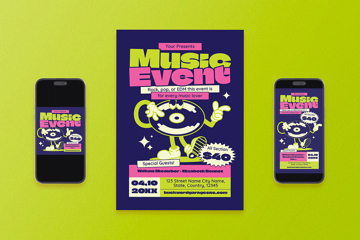 Retro Music Event Flyer Set, a Flyer Template by Aiyari Graphic (Photo 1 of 3)