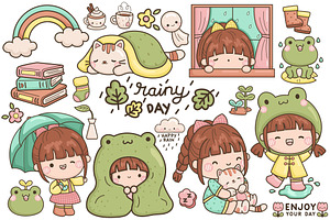 Cute Frog And Girl Raining Clipart