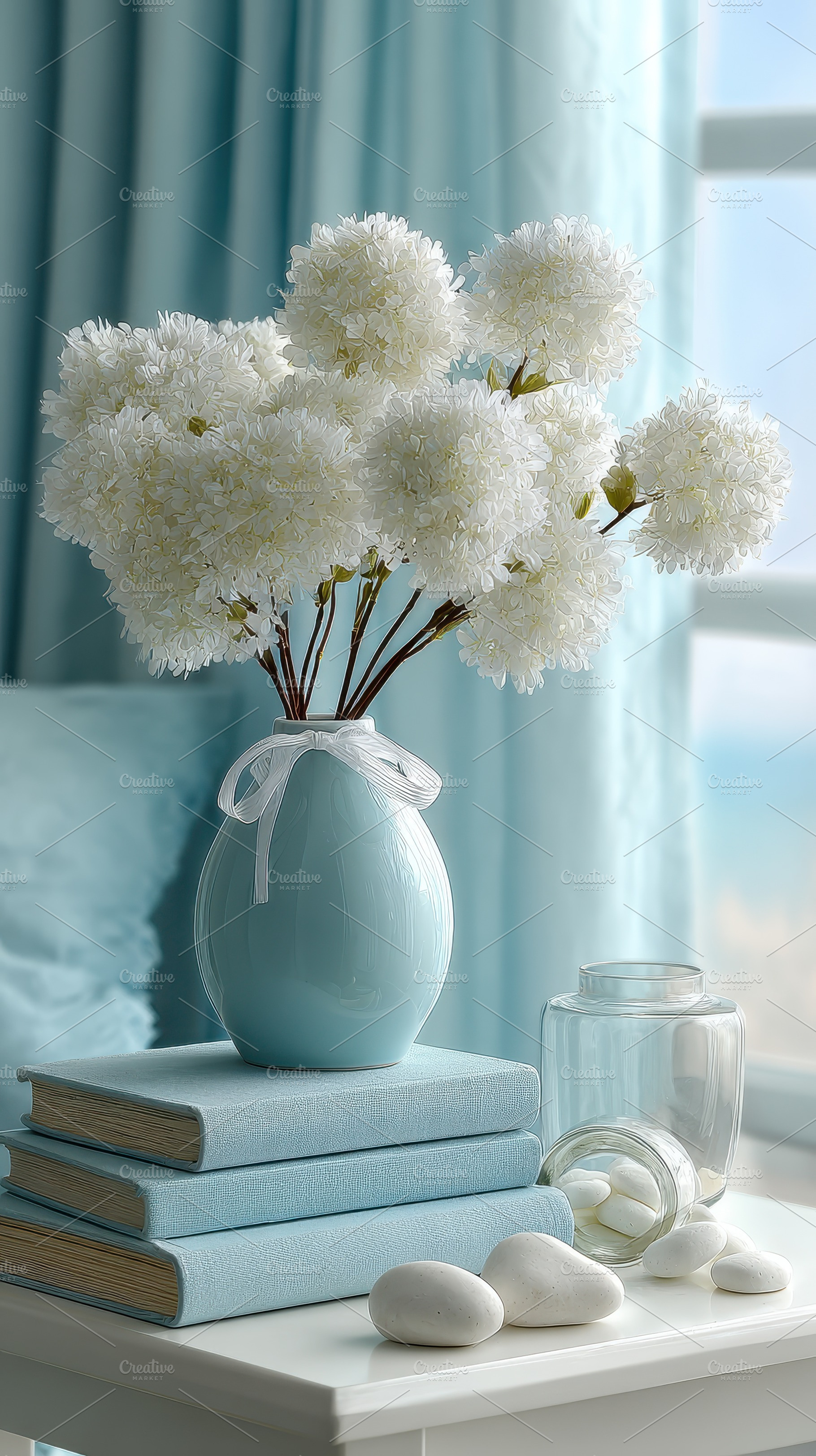 White flowers in a blue vase on a ta, a Photo by Pixeness Studio