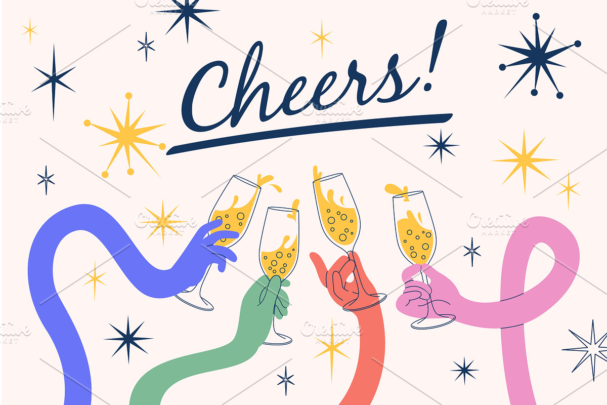 Cheers hands. Long flexible arms, a Food Illustration by YummyBuum