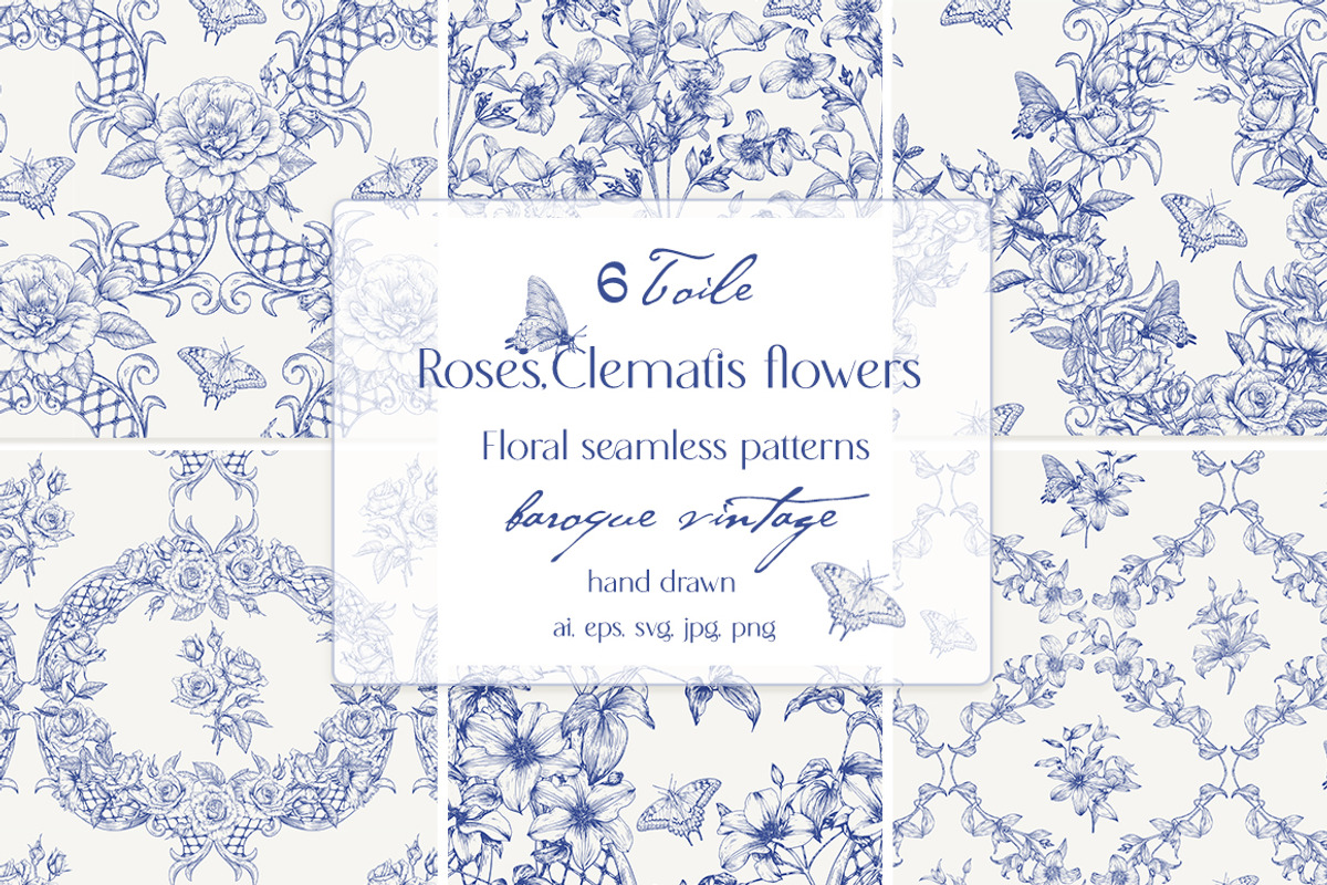 Vintage Seamless Patterns Toile Blue, a Pattern Graphic by ON_lineart_store (Photo 1 of 10)
