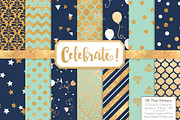 Navy & Mint Gold Foil Digital Papers, a Pattern Graphic by Amanda Ilkov (Thumbnail 1 of 4)