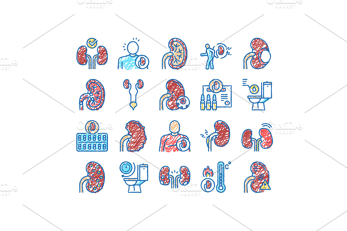 Nephritis Kidneys set Icons hand, an Object Illustration by pikepicture
