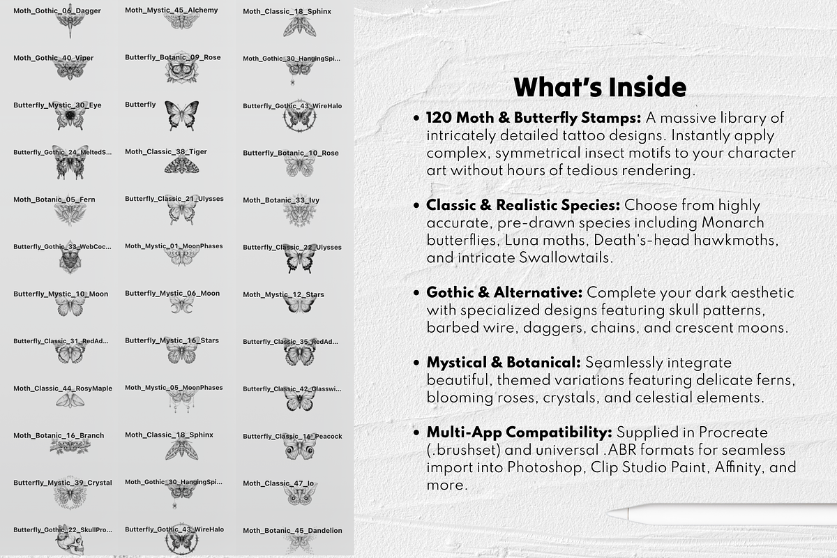 Moth & Butterfly Tattoo Stamps, a Brush Add-On by Selentaori Studio (Photo 3 of 9)
