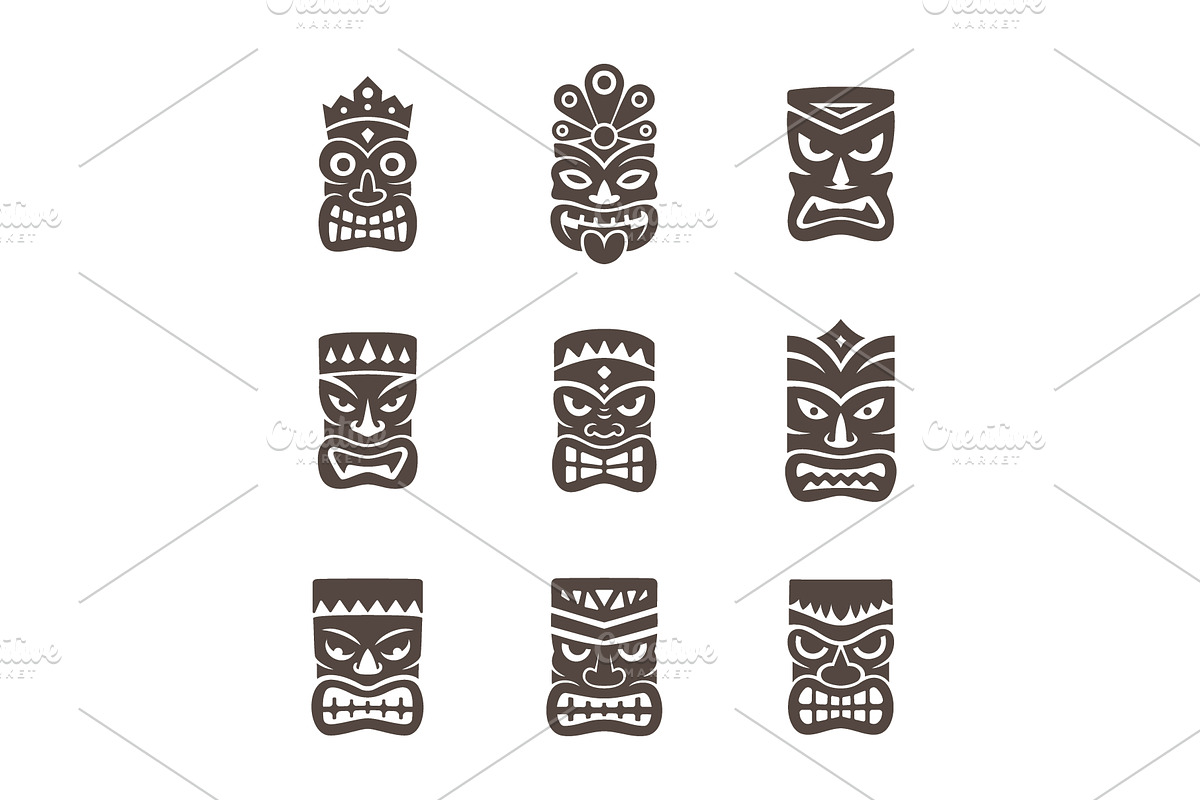 Set of nine tiki mask silhouettes in, an Object Illustration by GraphiShop