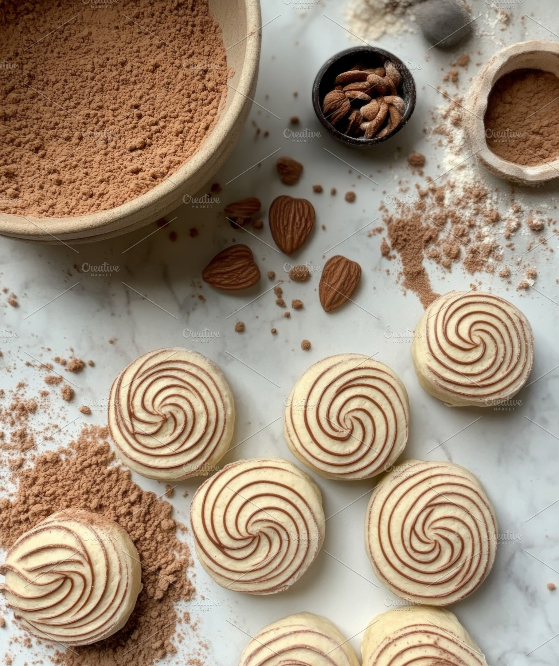 Almond swirl cookies with cocoa powder and ingredients on marble, a Photo by Dvoevnore photos
