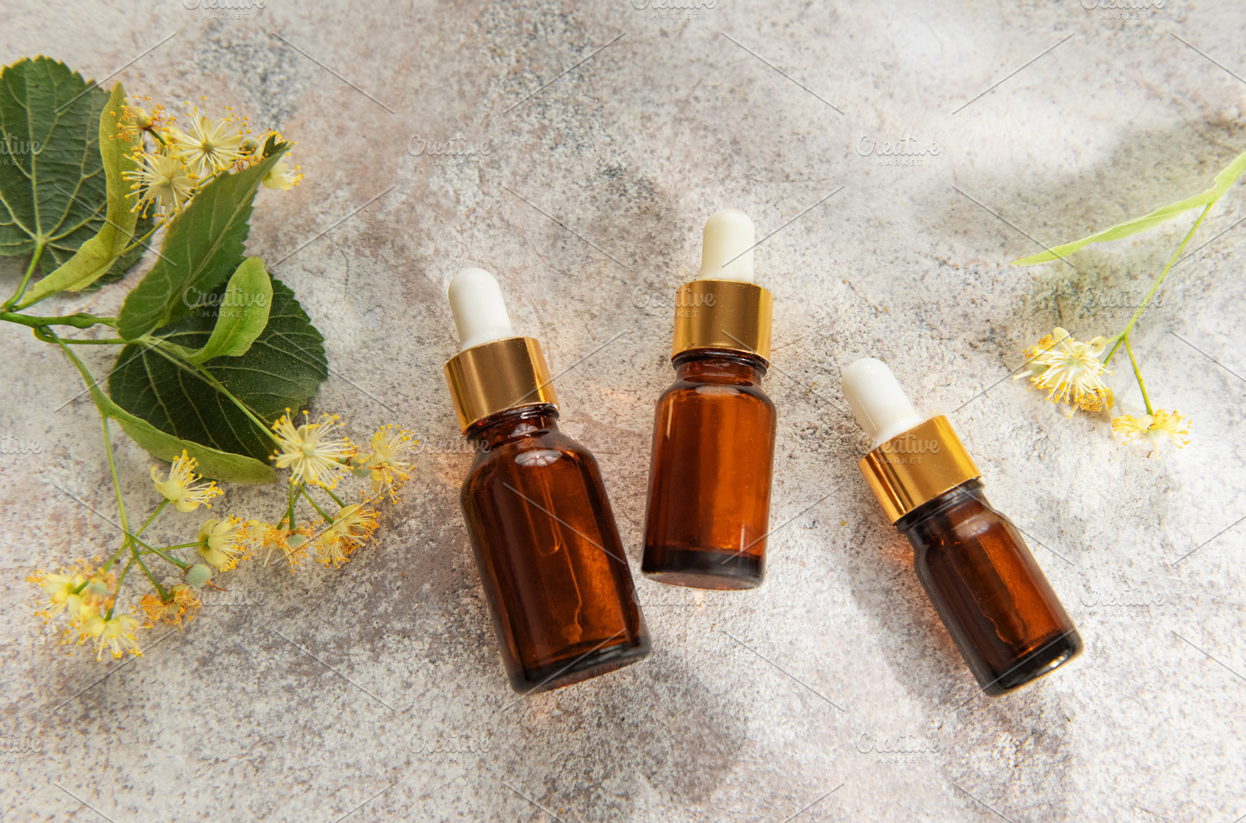 Linden blossom herbal oil serum cosmetic bottles on concrete, a Health & Medical Photo by Olena Rudo