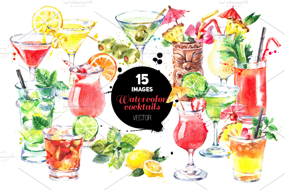 Cocktails Watercolor Vector Set, a Food Illustration by Elena Pimonova (Photo 1 of 5)