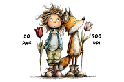 Whimsical Floral Girl & Fox Clipart, an Animal Illustration by GiraffeCreative (Thumbnail 20 of 20)
