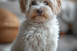 Adorable fluffy white dog with expressive eyes sitting on a rug, showcasing a p, an Animal Photo by ImageMir