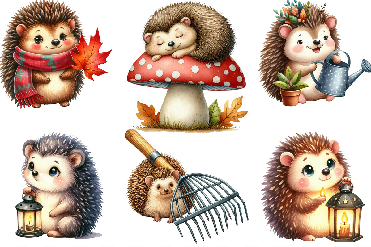 Cute Autumn Hedgehog Garden Clipart, an Illustration by Designking (Photo 2 of 4)