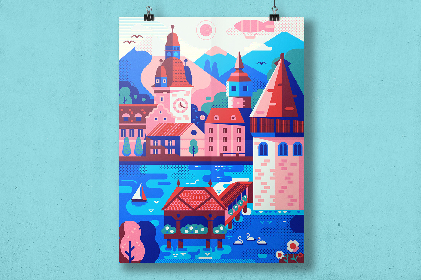 Lucerne Switzerland Travel Poster by Alex Krugli  Creative Market