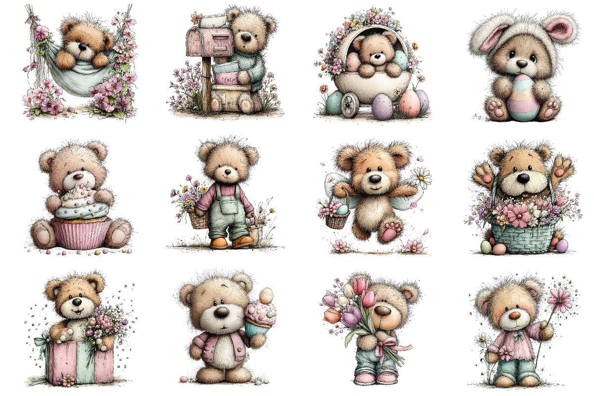 Whimsical Spring Teddy Bear Clipart, an Illustration by Dream Creation (Photo 2 of 5)