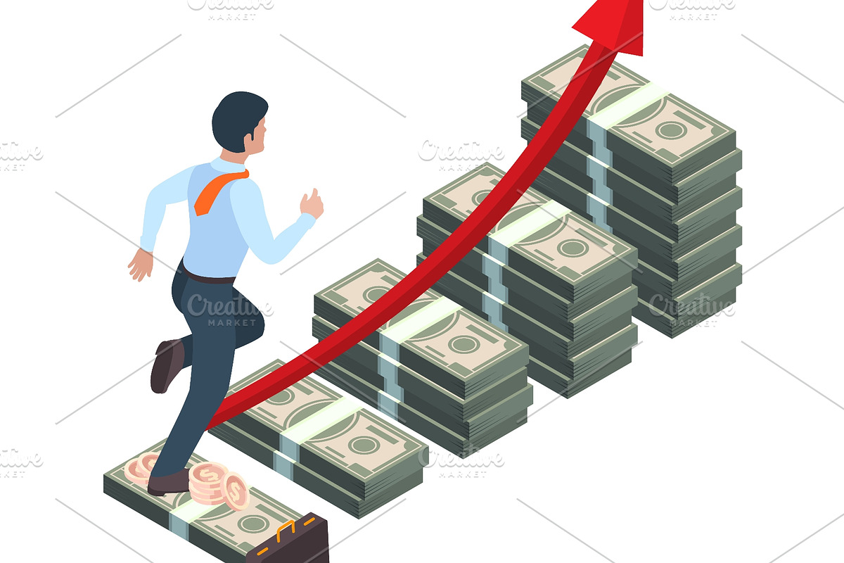 Businessman running up money stacks, a Finance Illustration by Onyx (Photo 2 of 3)