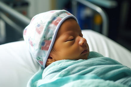 Newborn asian baby girl sleeping on hospital bed. Generative AI., a Person Photo by AS photostudio